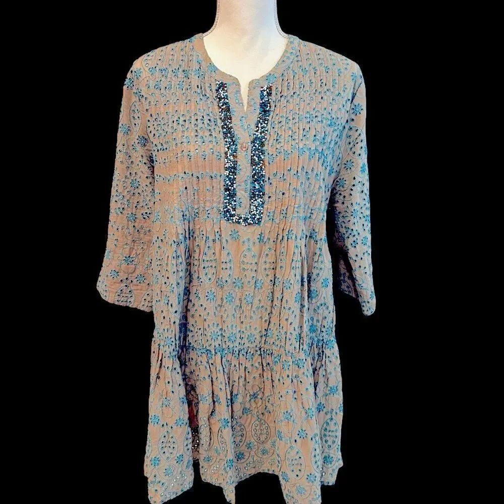 Janis Peace and Love Vintage Embroidered Eyelet Top Tunic Dress Size Large